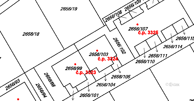 Teplice 3324 na parcele st. 2656/103 v KÚ Teplice, Katastrální mapa