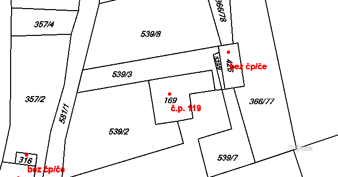 Lubina 119, Kopřivnice na parcele st. 169 v KÚ Drnholec nad Lubinou, Katastrální mapa