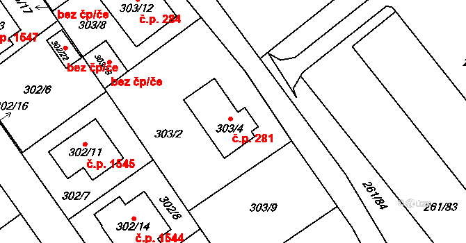 Chotěboř 281 na parcele st. 303/4 v KÚ Chotěboř, Katastrální mapa