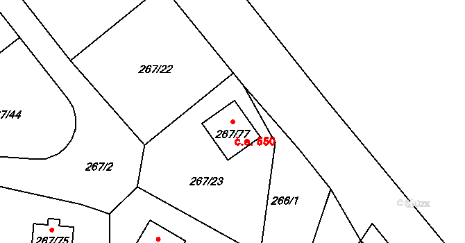 Tušimice 550, Kadaň na parcele st. 267/77 v KÚ Tušimice, Katastrální mapa