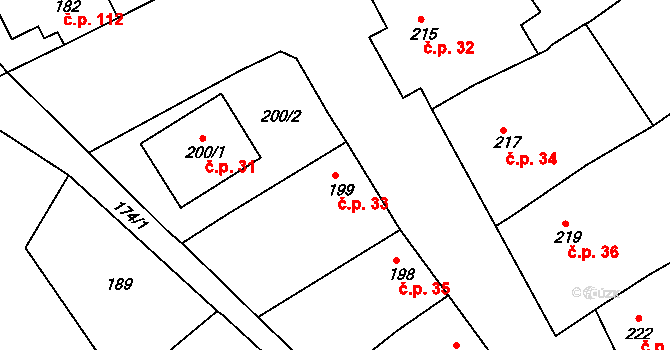 Bavory 33 na parcele st. 199 v KÚ Bavory, Katastrální mapa