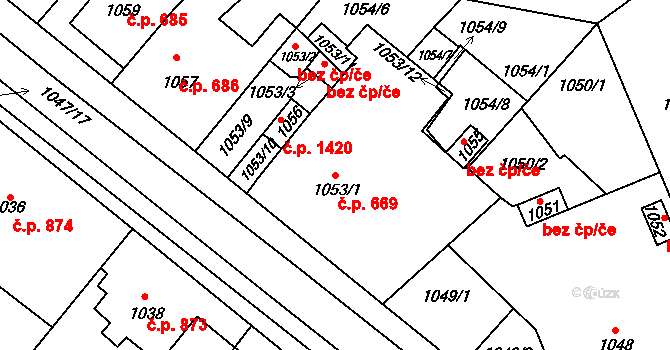 Hustopeče 669 na parcele st. 1053/1 v KÚ Hustopeče u Brna, Katastrální mapa