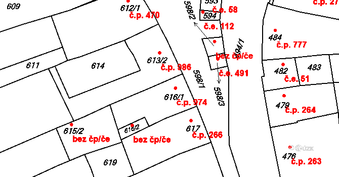 Hustopeče 974 na parcele st. 616/1 v KÚ Hustopeče u Brna, Katastrální mapa