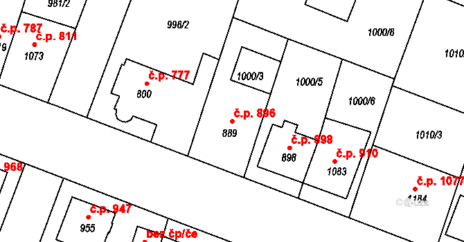 Bystřice pod Hostýnem 896 na parcele st. 889 v KÚ Bystřice pod Hostýnem, Katastrální mapa