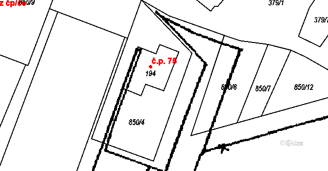 Dolenice 75 na parcele st. 194 v KÚ Dolenice, Katastrální mapa