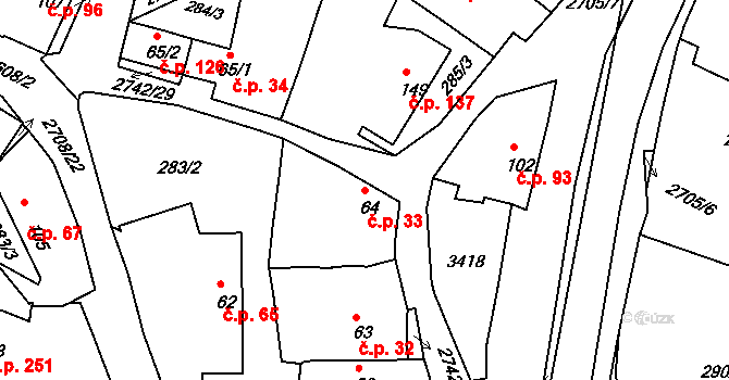 Hluboké Mašůvky 33 na parcele st. 64 v KÚ Hluboké Mašůvky, Katastrální mapa