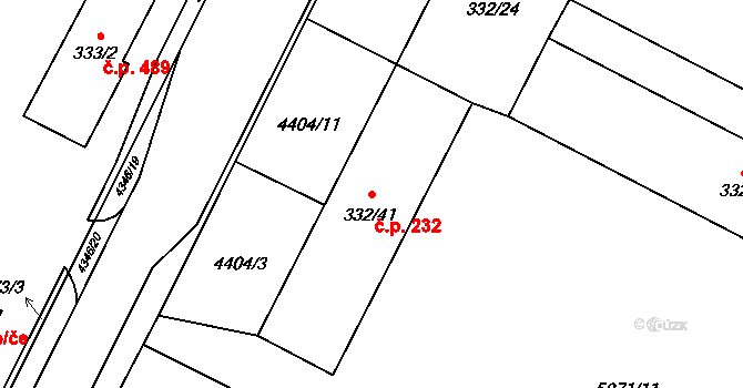 Hrušovany nad Jevišovkou 232 na parcele st. 332/41 v KÚ Hrušovany nad Jevišovkou, Katastrální mapa