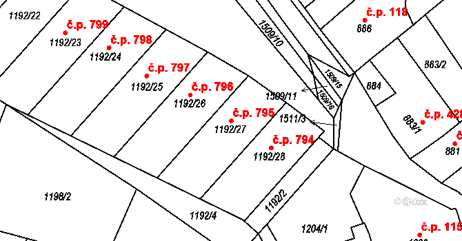 Troubsko 795 na parcele st. 1192/27 v KÚ Troubsko, Katastrální mapa