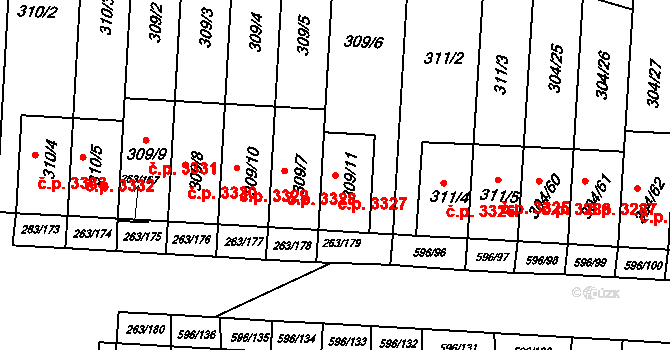 Znojmo 3327 na parcele st. 309/11 v KÚ Znojmo-Louka, Katastrální mapa