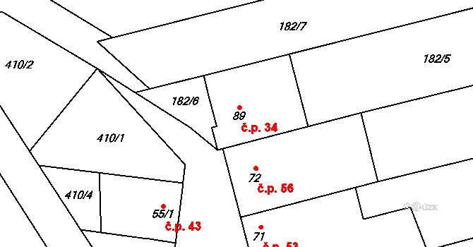 Věžky 34 na parcele st. 89 v KÚ Věžky u Přerova, Katastrální mapa