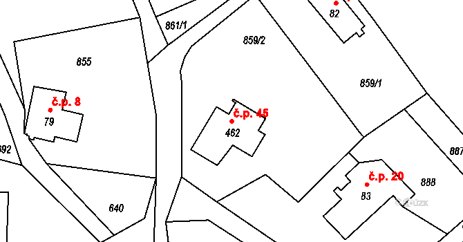 Alšovice 45, Pěnčín na parcele st. 462 v KÚ Alšovice, Katastrální mapa