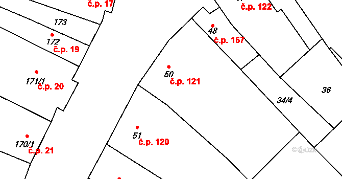 Rožďalovice 121 na parcele st. 50 v KÚ Rožďalovice, Katastrální mapa