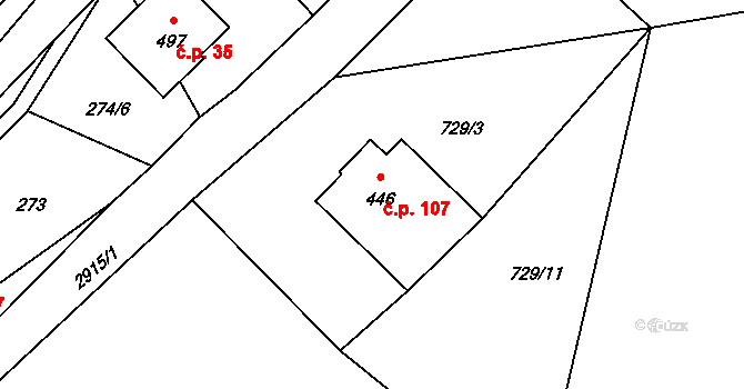 Kunratice u Cvikova 107 na parcele st. 446 v KÚ Kunratice u Cvikova, Katastrální mapa
