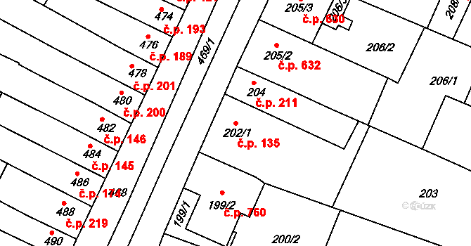 Hrušovany u Brna 135 na parcele st. 202/1 v KÚ Hrušovany u Brna, Katastrální mapa