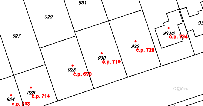 Lužice 719 na parcele st. 930 v KÚ Lužice u Hodonína, Katastrální mapa