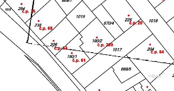 Pchery 289 na parcele st. 190/2 v KÚ Pchery, Katastrální mapa