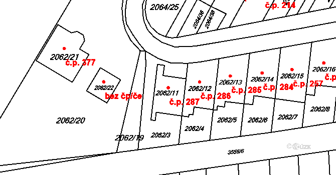 Brňany 287, Vyškov na parcele st. 2062/11 v KÚ Vyškov, Katastrální mapa