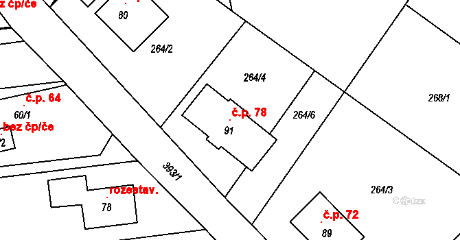 Nouzov 78, Senomaty na parcele st. 91 v KÚ Nouzov u Senomat, Katastrální mapa