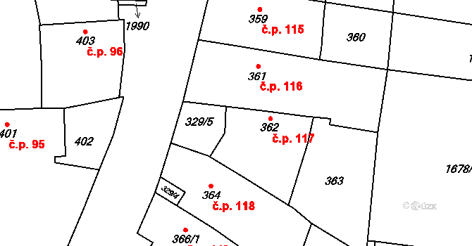 Kosmonosy 117 na parcele st. 362 v KÚ Kosmonosy, Katastrální mapa