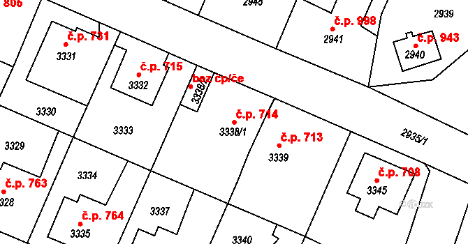 Děčín VI-Letná 714, Děčín na parcele st. 3338/1 v KÚ Podmokly, Katastrální mapa