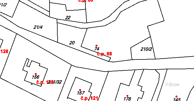 Bouzov 68 na parcele st. 74 v KÚ Bouzov, Katastrální mapa