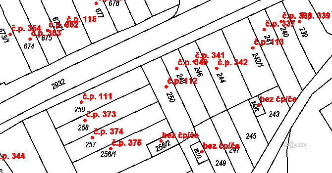 Mariánské Údolí 112, Hlubočky na parcele st. 250 v KÚ Hlubočky, Katastrální mapa