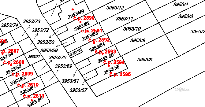 Roudnice nad Labem 2594 na parcele st. 3953/50 v KÚ Roudnice nad Labem, Katastrální mapa