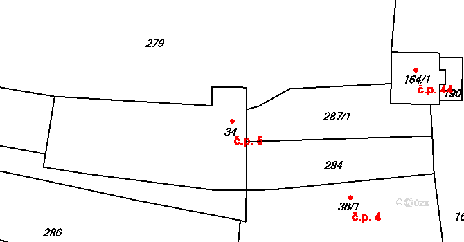 Mohuřice 5, Slavče na parcele st. 34 v KÚ Mohuřice, Katastrální mapa
