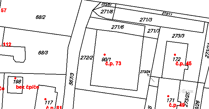 Kameničná 73 na parcele st. 90/1 v KÚ Kameničná, Katastrální mapa