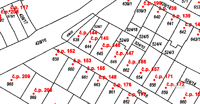 Stařečka 146, Třebíč na parcele st. 645 v KÚ Třebíč, Katastrální mapa