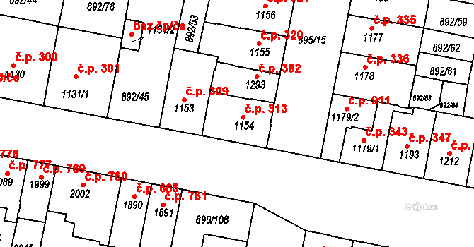 Horka-Domky 313, Třebíč na parcele st. 1154 v KÚ Třebíč, Katastrální mapa