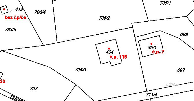 Mukařov 116, Malá Skála na parcele st. 404 v KÚ Mukařov u Jablonce nad Nisou, Katastrální mapa