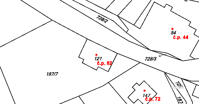 Těpeře 62, Železný Brod na parcele st. 121 v KÚ Chlístov u Železného Brodu, Katastrální mapa