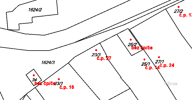 Litoradlice 27, Temelín na parcele st. 23/3 v KÚ Litoradlice, Katastrální mapa