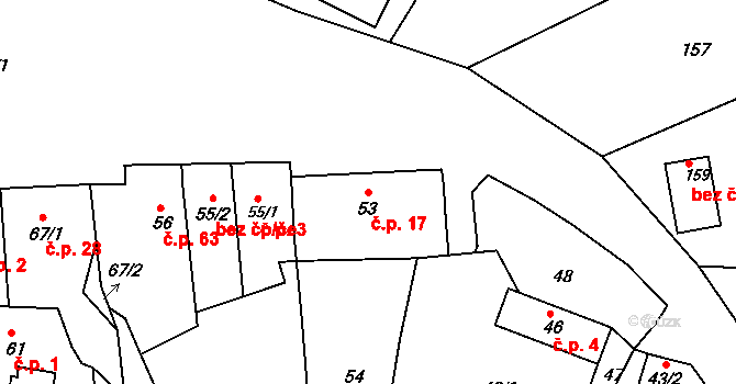 Milonice 17 na parcele st. 53 v KÚ Milonice u Lipůvky, Katastrální mapa