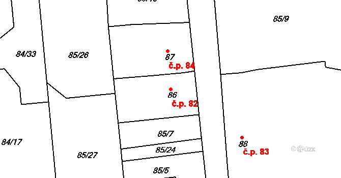 Borek 82, Rokycany na parcele st. 86 v KÚ Borek u Rokycan, Katastrální mapa