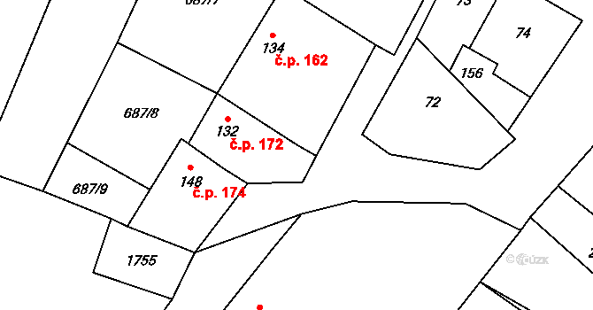 Povlčín 172, Milostín na parcele st. 132 v KÚ Milostín, Katastrální mapa
