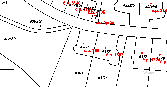 Smíchov 355, Praha na parcele st. 4380 v KÚ Smíchov, Katastrální mapa