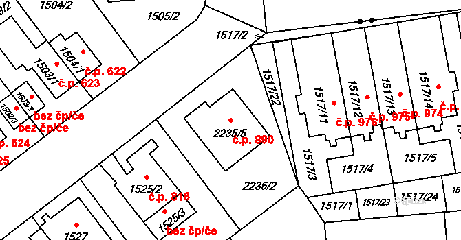 Ruzyně 890, Praha na parcele st. 2235/5 v KÚ Ruzyně, Katastrální mapa