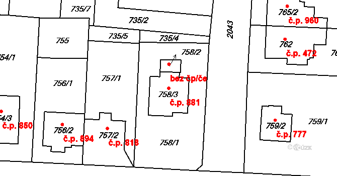 Kbely 881, Praha na parcele st. 758/3 v KÚ Kbely, Katastrální mapa