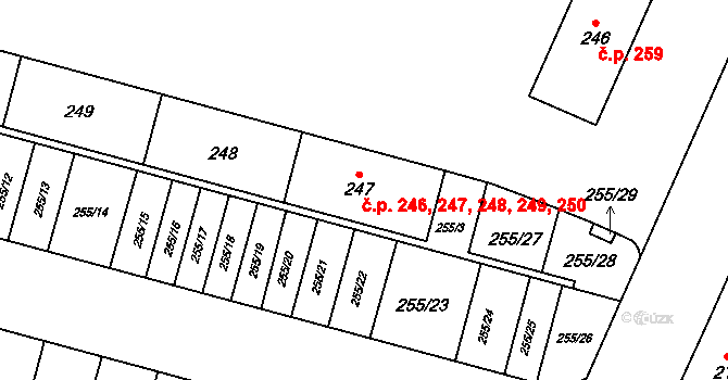 Letňany 246,247,248,249,250, Praha na parcele st. 247 v KÚ Letňany, Katastrální mapa