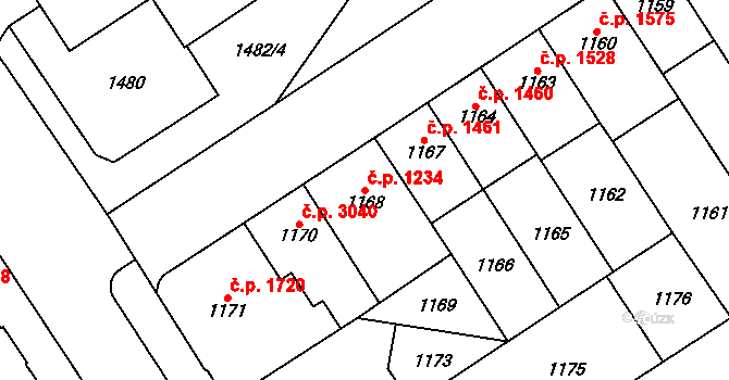 Chomutov 1234 na parcele st. 1168 v KÚ Chomutov I, Katastrální mapa