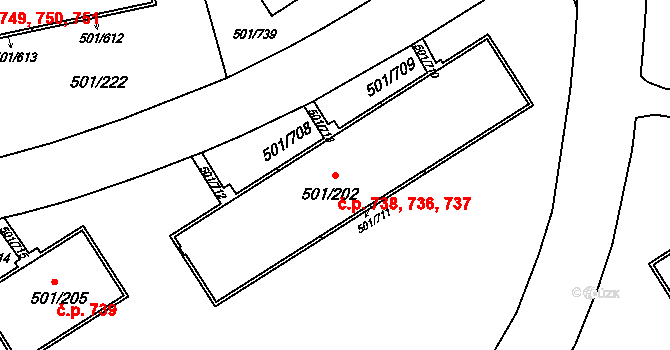 Ráj 736,737,738, Karviná na parcele st. 501/202 v KÚ Ráj, Katastrální mapa