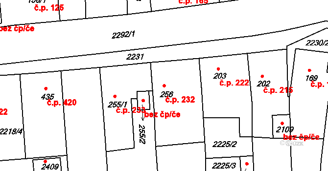Litice 232, Plzeň na parcele st. 256 v KÚ Litice u Plzně, Katastrální mapa