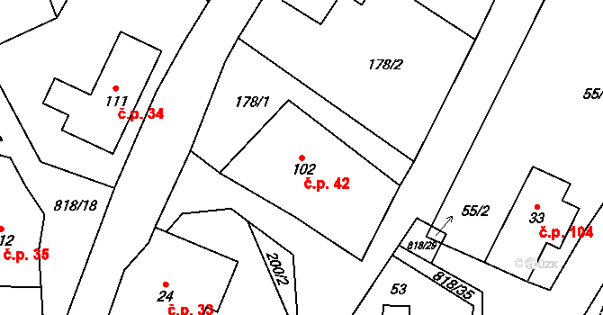 Skuhrov 42, Česká Třebová na parcele st. 102 v KÚ Skuhrov u České Třebové, Katastrální mapa