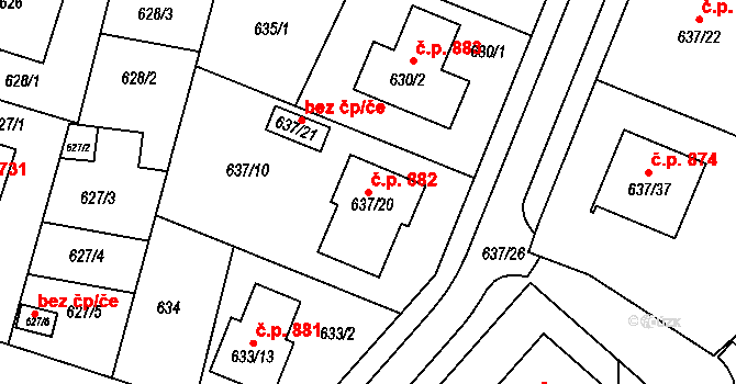 Ždánice 882 na parcele st. 637/20 v KÚ Ždánice, Katastrální mapa