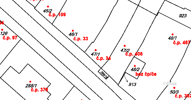 Sady 34, Uherské Hradiště na parcele st. 47/1 v KÚ Sady, Katastrální mapa