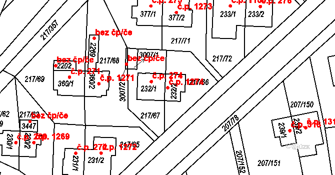 Sezimovo Ústí 1274 na parcele st. 232/2 v KÚ Sezimovo Ústí, Katastrální mapa
