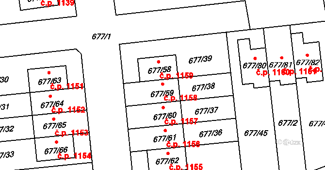 Černice 1158, Plzeň na parcele st. 677/59 v KÚ Bručná, Katastrální mapa