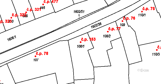 Milevsko 153 na parcele st. 108/1 v KÚ Milevsko, Katastrální mapa